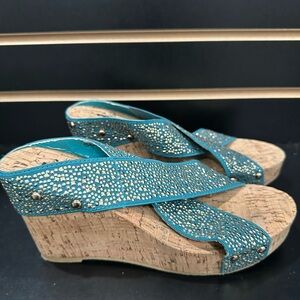 Corkys Teal Studded Wedge Sandals